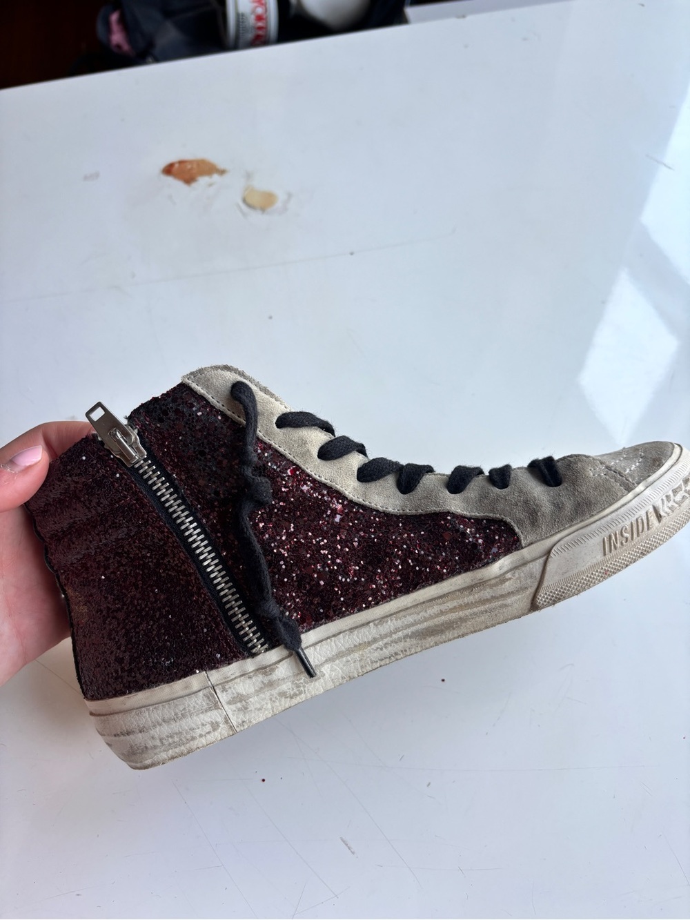 Golden Goose GGDB-SLIDE High-Top Sneaker in Burgundy Glitter and White - Picture 3 of 5